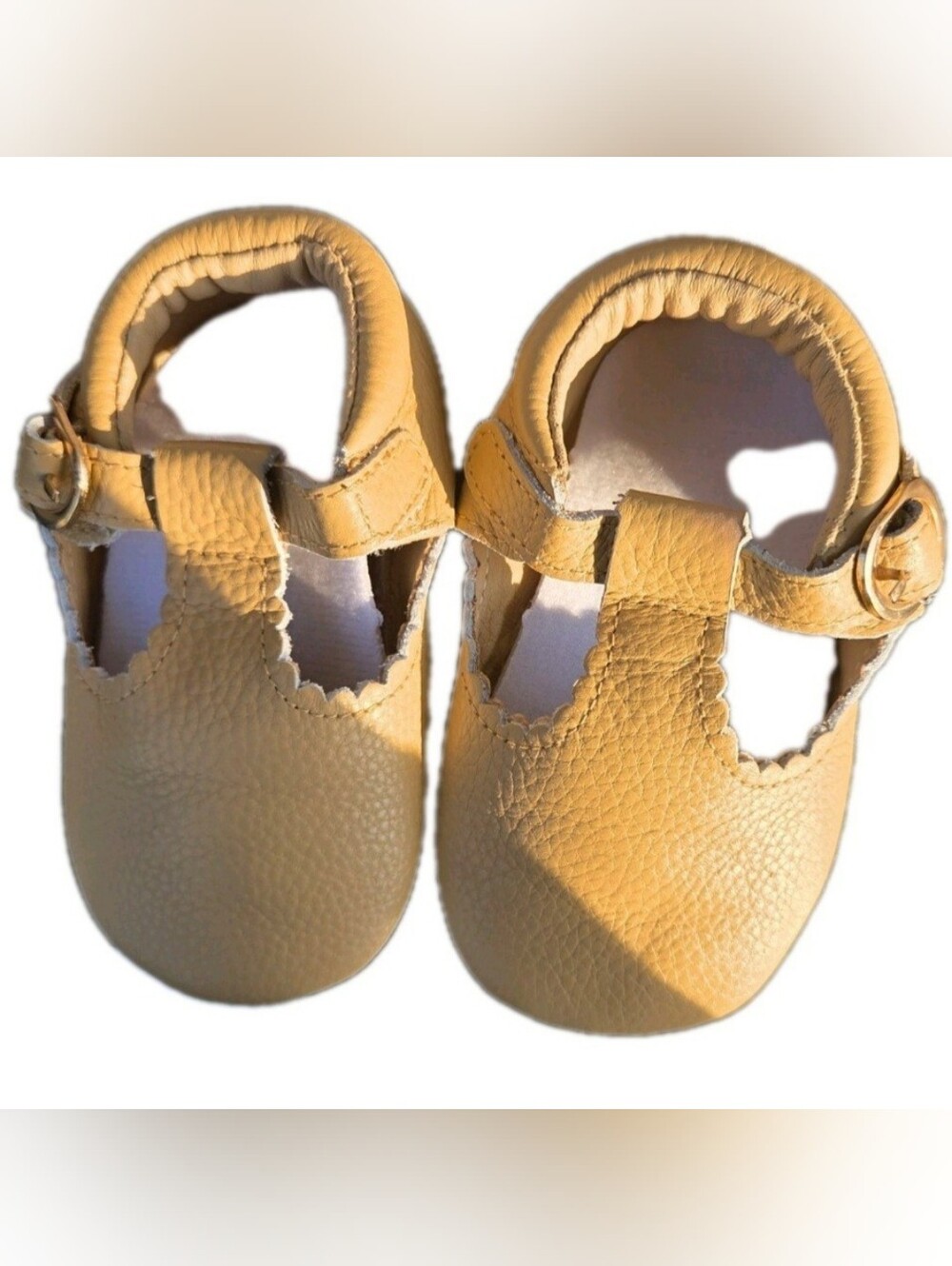 Little Love Bug Co. Leather T-Bar Scallop M J Shoes - Camel/Nude 5 (18-24m)